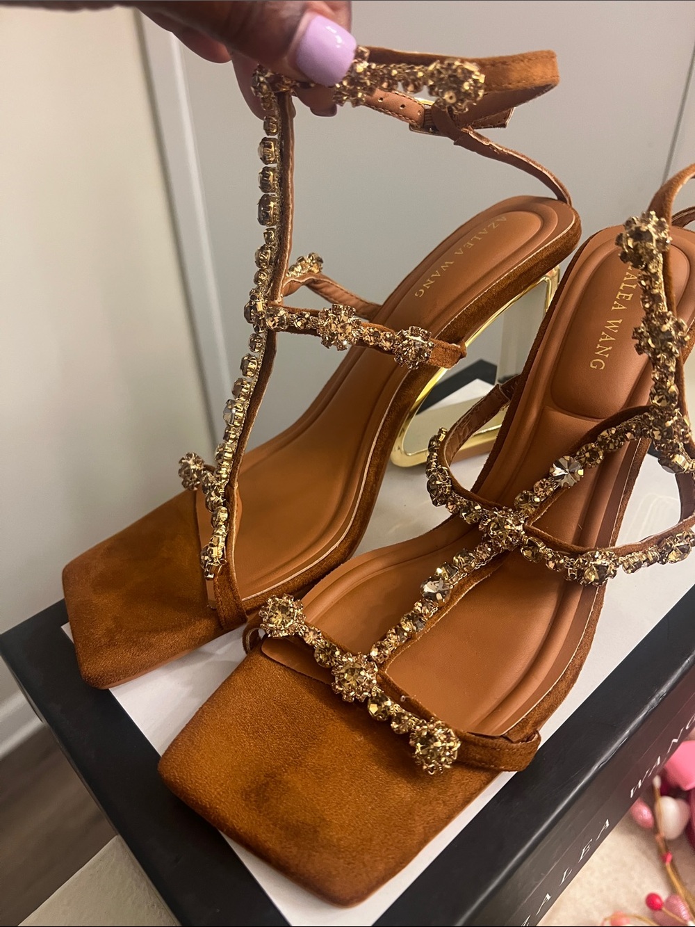 Azalea Wang Crystal-T-Strap Tan Suede Heels - Picture 3 of 7